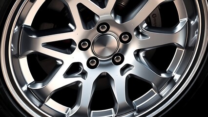 Obraz premium Shiny metallic wheel rim with intricate geometric design, reflecting studio lighting.