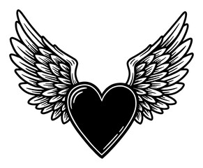 Obraz premium Love Shape Heart with Detailed Wings Black and White Outline Line Art Drawing Vector Illustration