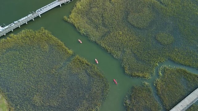 Aerial shot of 3 kayakers , kayaking in lowland marsh in charleston sc
