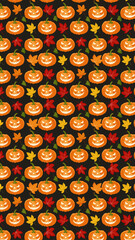 Carved Halloween pumpkins and autumn leaves seamless pattern