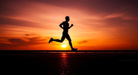 Silhouette of a runner at sunset on beach.