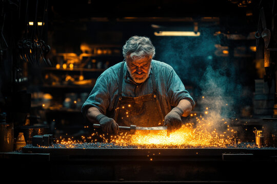 Man welding metal piece. - Powered by Adobe