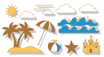 Obraz premium Summer Holiday Beach Elements with Palm Trees Waves Sandcastle