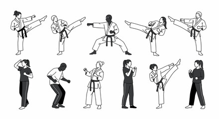 Diverse Karate Martial Arts Poses Illustration on White Background