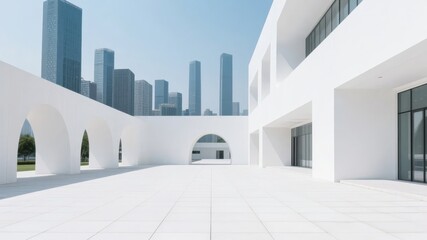 Modern white architectural courtyard with arched openings and city skyline in the background