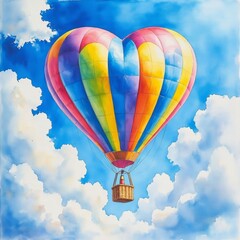 Obraz premium Colorful heart-shaped hot air balloon floating in blue sky with clouds 