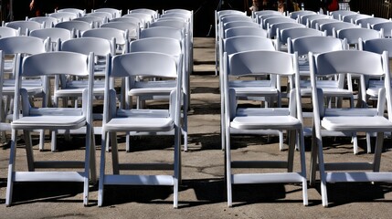 Fototapeta premium Long rows of metallic chairs are neatly arranged in an open space. The setting appears ready for an event, with no people present at this moment.