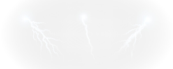 Realistic lightning flash effect, thunderstorm and lightning. Shining white lightning isolated on transparent background, natural phenomenon png.	
