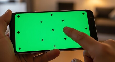 Person using a smartphone with green screen.