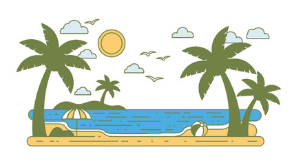 Obraz premium Tropical Island Line Art Summer Vacation Beach Scene With Palm Trees