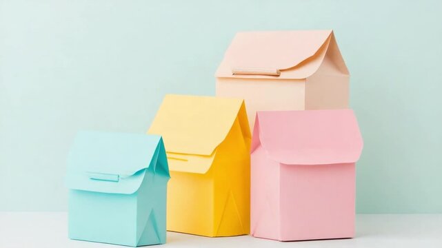 Colorful Paper Boxes: A vibrant display of four pastel-colored paper boxes, each a unique shade, standing elegantly against a soft, blurred backdrop. A showcase of simple geometric shapes.
