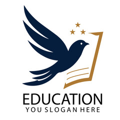 education logo with flying bird, book and stars
