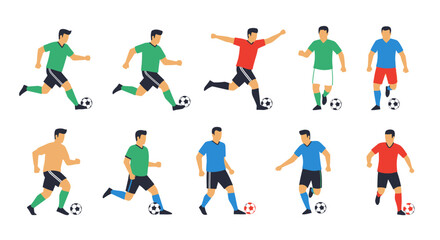 Soccer Players Flat Vector Style Actions with Ball Isolated on White