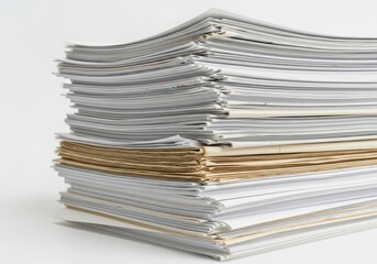 Stacked White Paper Sheets Piles with Some Yellowed Papers on Top Isolated on White