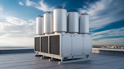 Modern industrial hvac unit with multiple cylindrical vents on a rooftop against a bright sky with clouds and distant city skyline