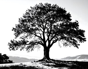 Majestic tree silhouette against a serene landscape