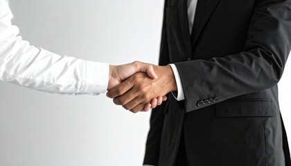 Close Up Handshake of Two Business Professionals in Formal Attire Black Suit and White Shirt Against Plain Background