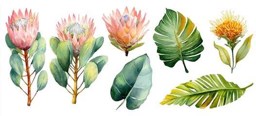 Fototapeta premium Set of watercolor protea flower and tropical leaves, hand painted illustration of exotic australian and african floral elements isolated on a white background. High quality