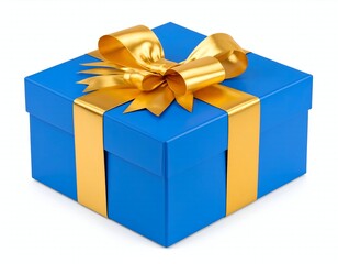 Blue Gift Box with Gold Bow, Present, and Isolated.