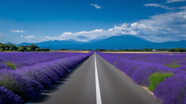 青空の下で直線道路とラベンダー畑が続く風景