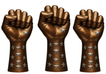 Isolated bronze sculptures showing a raised fist with star details for unity and pride
