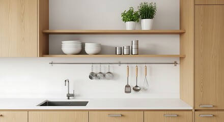 Modern Kitchen Interior with Wooden Cabinets and Hanging Utensils.