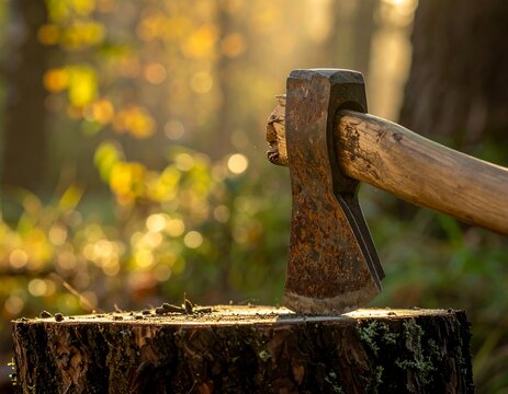 Rusty axe head on tree stump in autumnal forest