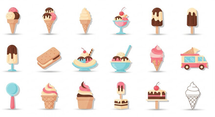 Assortment of ice cream icons, featuring cones, sundaes, popsicles, and a vintage ice cream truck for dessert and summer themes