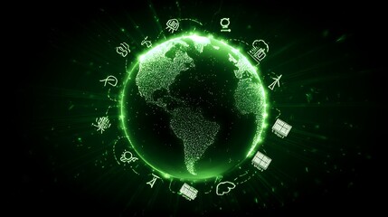 Green earth globe with digital icons surrounding it in a dark background