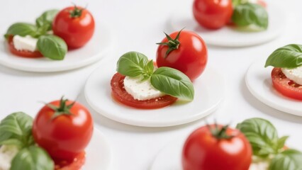Fresh tomato slices topped with mozzarella and basil leaves arranged on small white plates