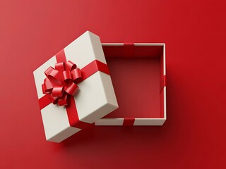 An open white gift box with a red ribbon and bow sits on a vibrant red background symbolizing surprise and anticipation