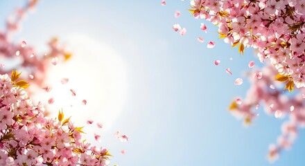 Pink Cherry Blossoms Falling on Sunny Day.