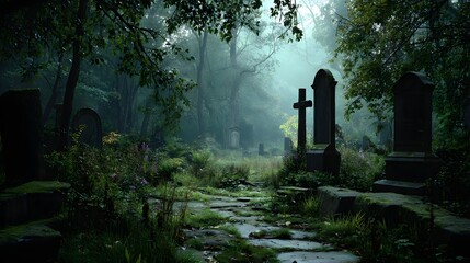 Misty Graveyard Pathway Surrounded by Trees and Gravestones