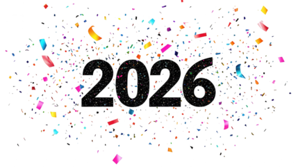 2026 new year celebration with confetti isolated on transparent background