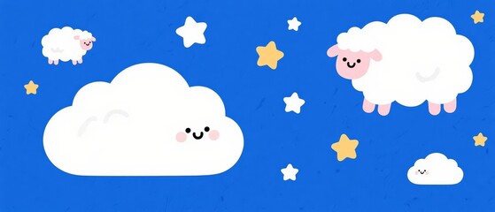 Cute cartoon sheep and clouds with stars in a blue sky