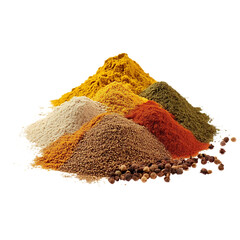 Arrangement of various colorful spices in a diagonal line on a plain top view  isolated on background (PNG)
