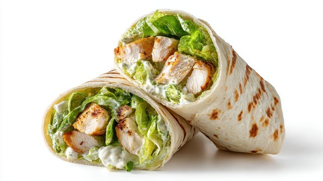 Ultra quality image of classic Caesar wrap with grilled chicken, lettuce, and Caesar dressing on a white isolated background.
