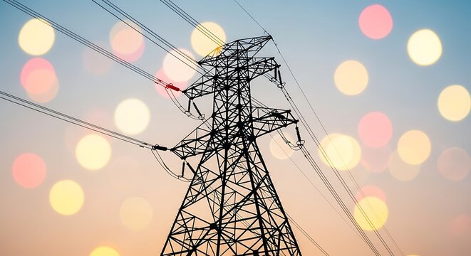 Industrial energy grid tower with beautiful bokeh lights at dusk.