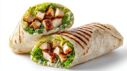 Ultra quality image of classic Caesar wrap with grilled chicken, lettuce, and Caesar dressing on a white isolated background.