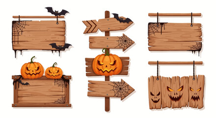 Assortment of festive and spooky Halloween wooden signs, adorned with carved pumpkins, flying bats, and intricate spiderwebs, ideal for autumn holiday decoration or seasonal design elements