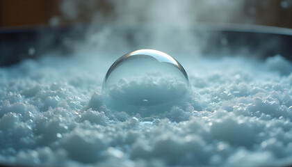 The Boiling Surface: A low-angle, macro shot peering just above the surface of a pot of boiling water. The camera is focused on a single, large, perfectly formed bubble just as it's about to burst. 