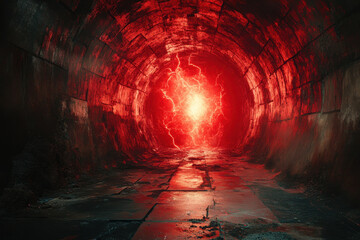 Red light shining out of a dark tunnel.