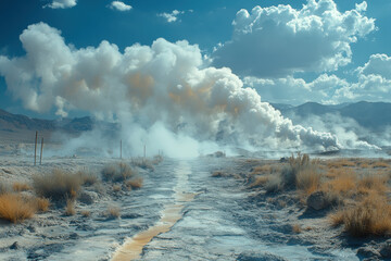 Steam rising from the desert ground.