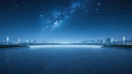 Nighttime cityscape with starry sky and illuminated skyline reflected on a smooth surface