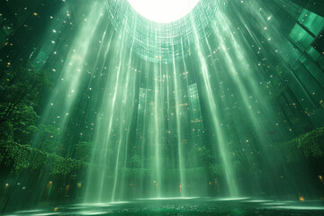 Sunlight illuminating a green forest.