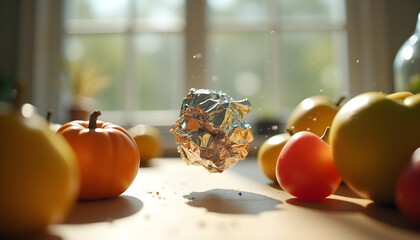 The Crumpled Foil: A cinematic micro-shot of a small, crumpled piece of aluminum foil, suspended in the air. The camera is focused on the chaotic, angular surface of the foil, its creases and folds a 