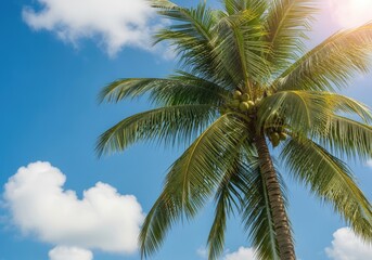 Tropical Coconut Palm Tree with Green Coconuts and Fronds Under a Clear Blue Sky