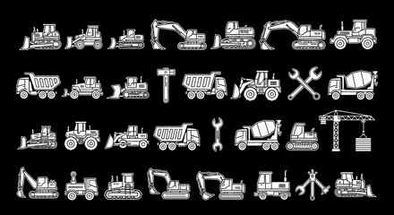 Construction Equipment Icons Set  Bulldozer Excavator Truck Crane and Other Machinery Vector Illustration
