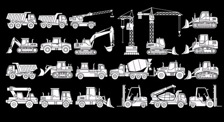 Construction Equipment Icons Set  Dump Truck Excavator Bulldozer Crane Loader and Other Machinery