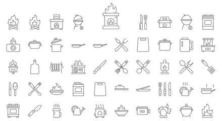Cooking Utensils and Camping Icons Set  Kitchenware Outdoor Gear Food Preparation Vector Illustration